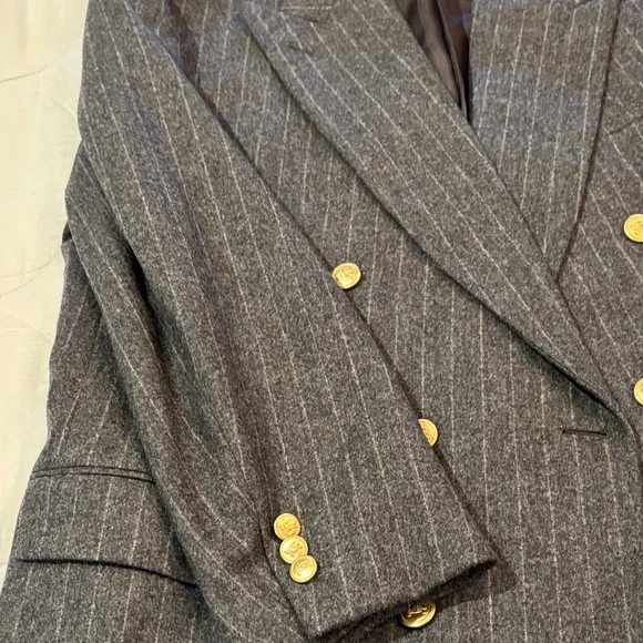 Burberry Charcoal Pinstripe Suit with Gold Buttons